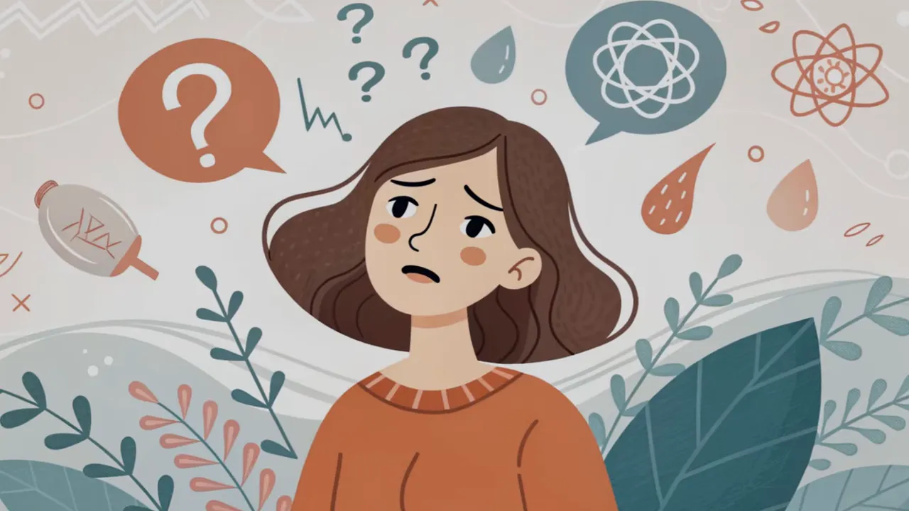 Illustration einer besorgten Frau vor Symbolen (Fragezeichen, Blutstropfen, wissenschaftliche Ikone) die hormonelle Unsicherheit darstellen