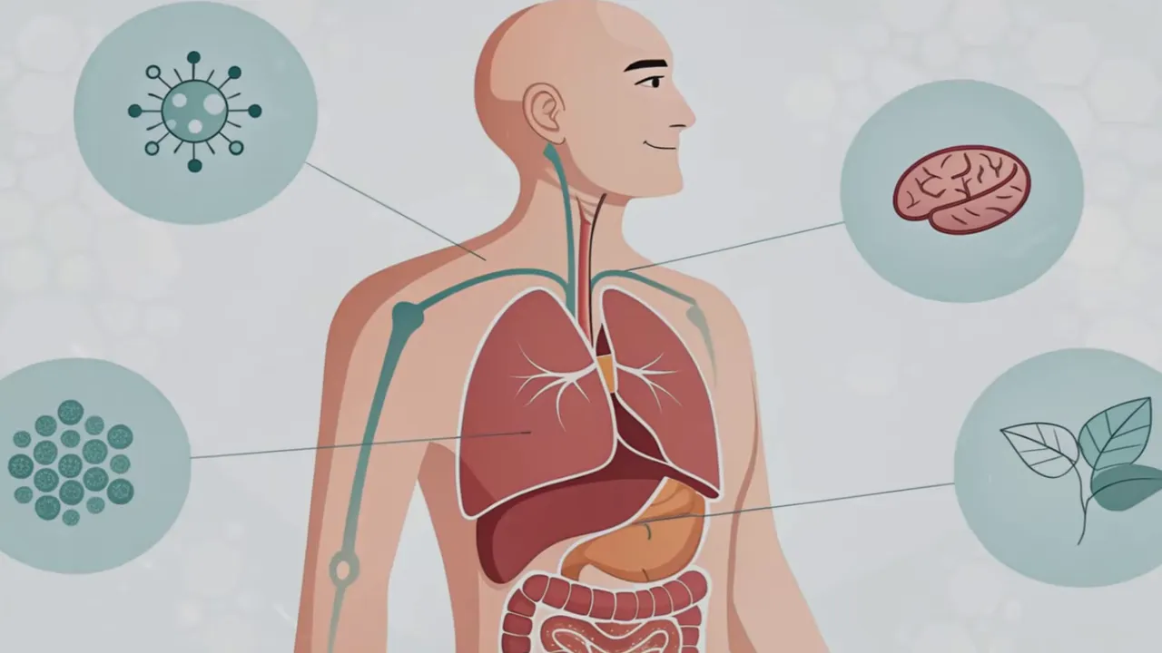 Anatomische Illustration von Brustkorb, Leber und Verdauungstrakt mit Icons für Gehirn und Pflanzen