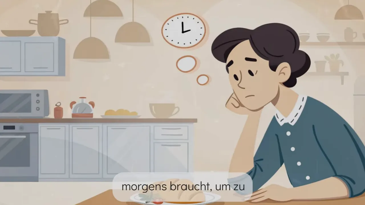 Illustration einer nachdenklichen Person am Küchentisch mit einer Uhr als Gedankenblase, symbolisch für Wartezeit vor der Mahlzeit