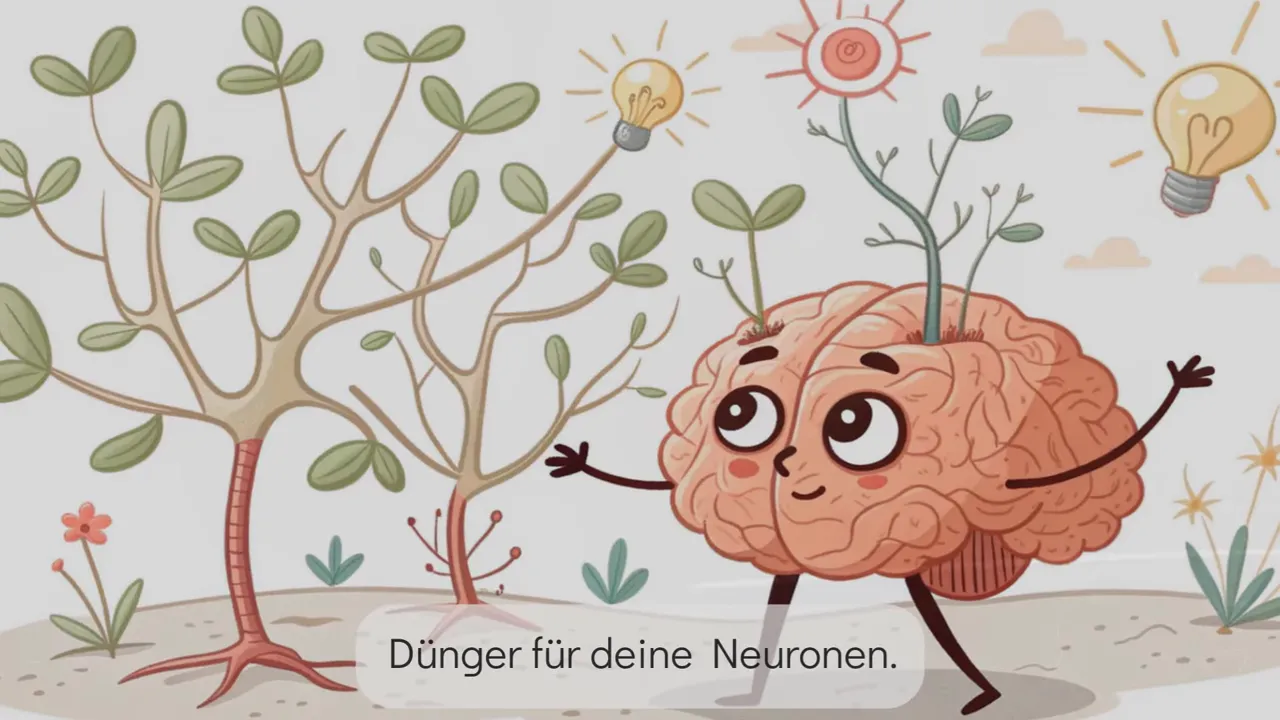 Cartoon‑Gehirn mit jungen Pflanzen und Glühbirnen im Hintergrund, Untertitel 'Dünger für deine Neuronen'