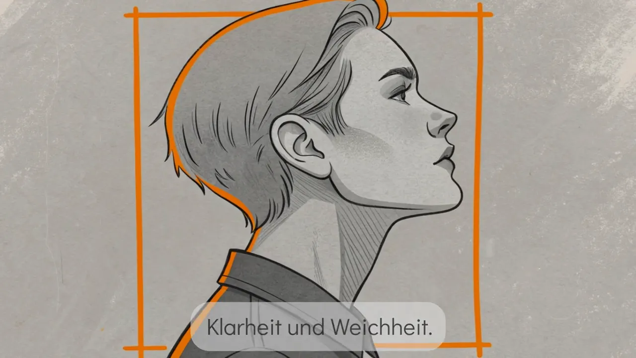 Profil einer Person mit kinnlangem Bluntcut, orange Rahmen betont die Kinnlinie