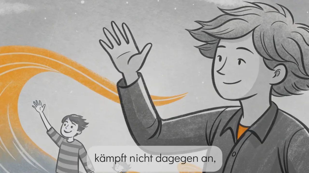 Gezeichnete Nahaufnahme einer Person mit fransigem, schulternahem Haarschnitt und markanter Bewegungslinie im Hintergrund