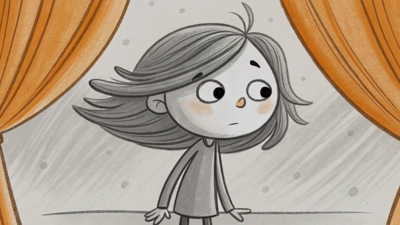 Illustration eines Mädchens mit seitlich wehenden, curtain‑artigen Pony und längeren, weichen Stufen vor orangen Vorhängen