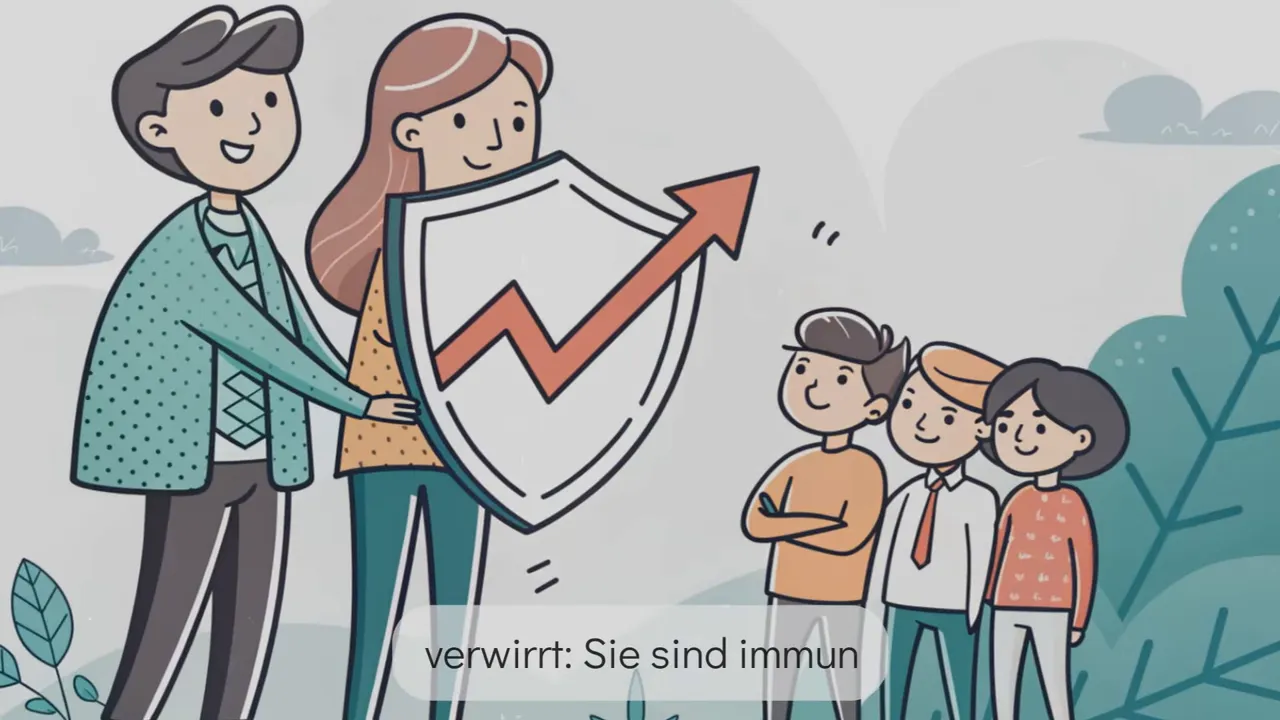 Illustration von Menschen mit Schild und aufw&auml;rtsgerichtetem Pfeil, Text: 'verwirrt: Sie sind immun'.