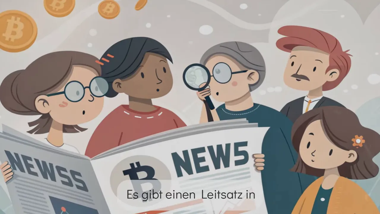 Illustration: Gruppe liest eine Zeitung mit dem Titel 'NEWS' und Bitcoin‑Symbol, eine Person h&auml;lt eine Lupe.