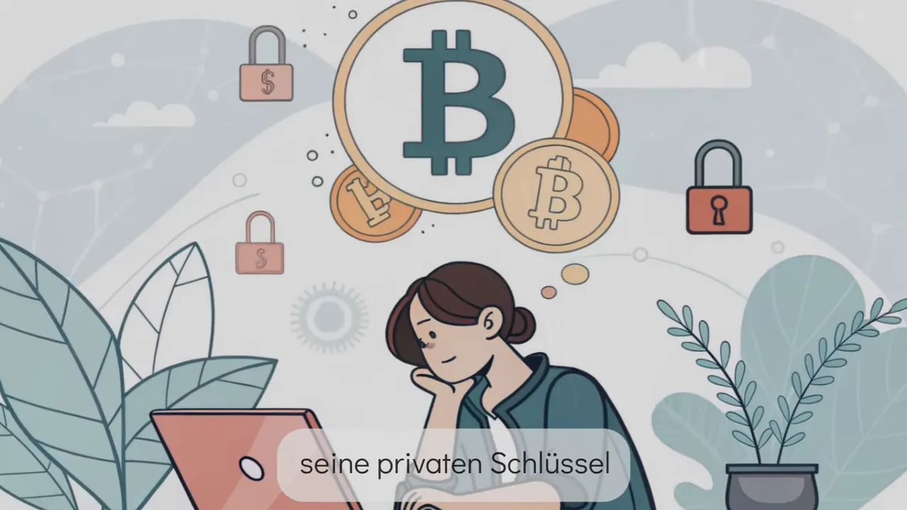 Illustration: Person am Laptop mit Bitcoin-Symbolen und Schl&ouml;ssern als Gedankenblasen