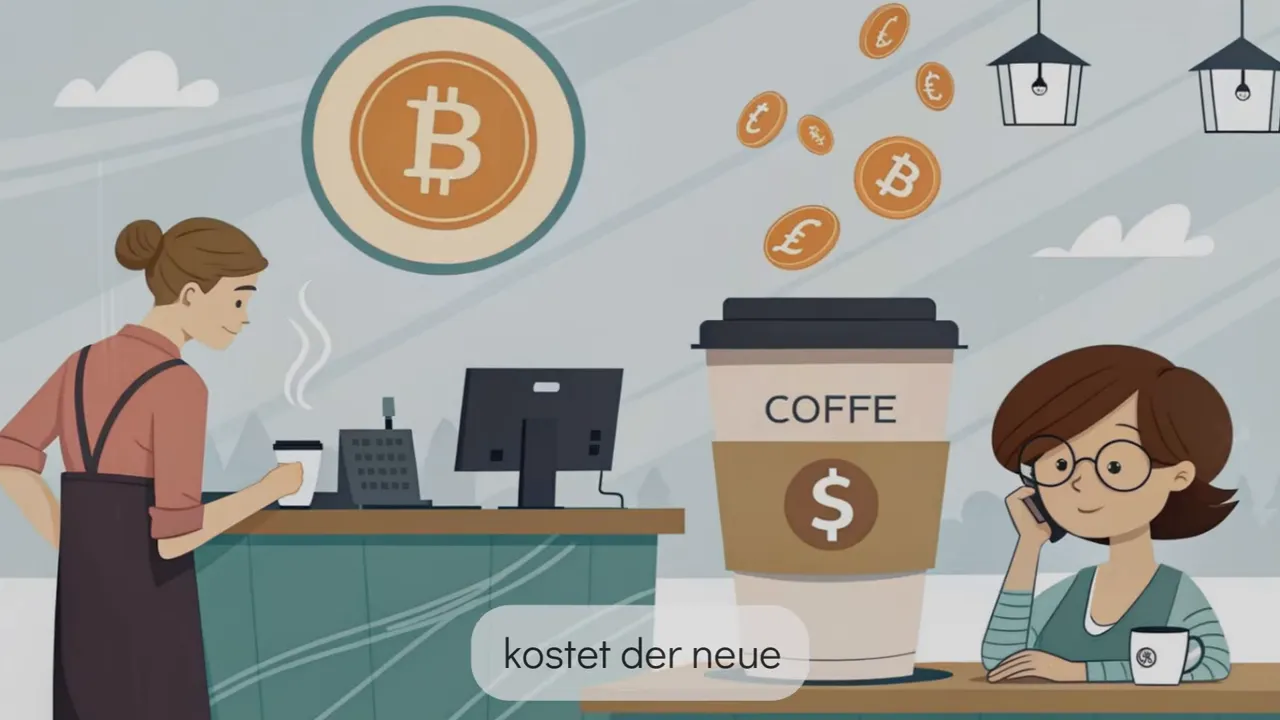 Caf&eacute;-Szene mit gro&szlig;em Kaffeebecher, Dollar-Symbol und schwebenden Bitcoin-M&uuml;nzen