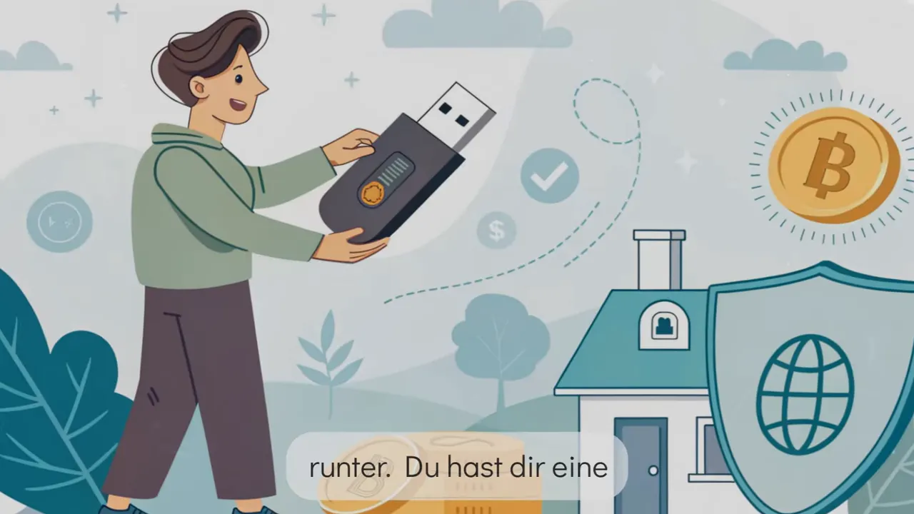 Illustration einer Person mit USB‑Hardware‑Wallet und Bitcoin‑Symbol