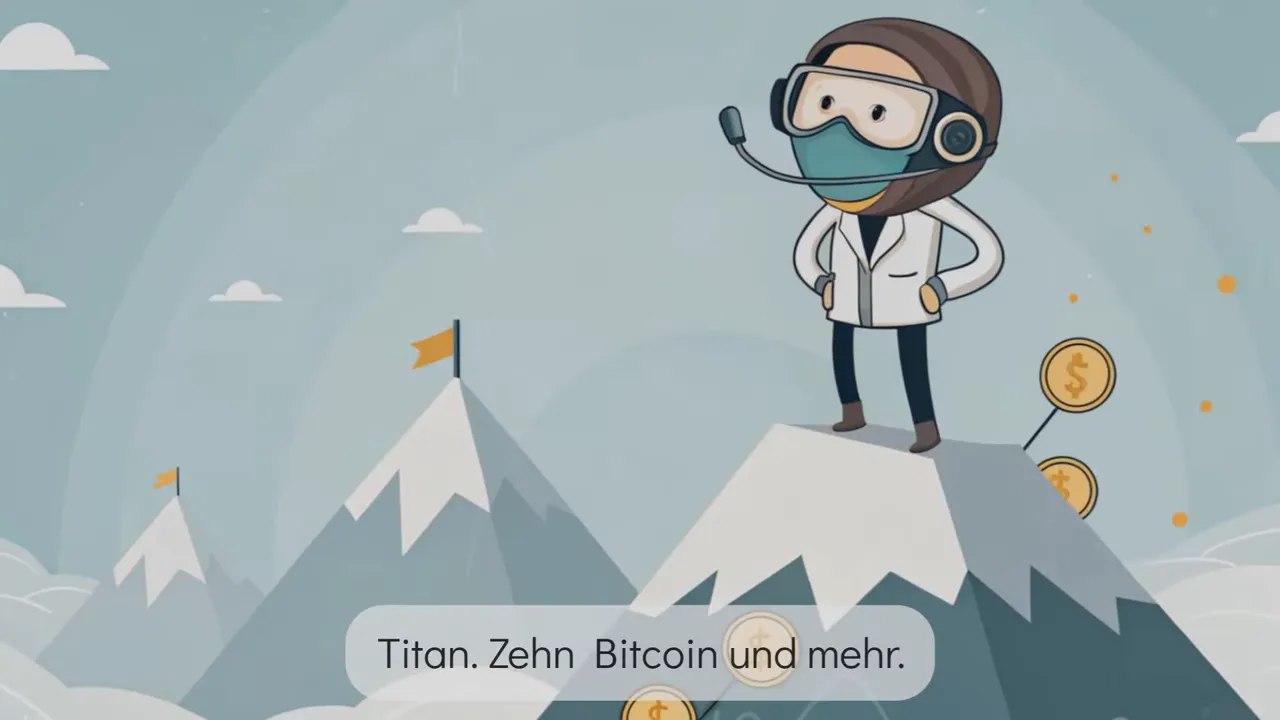Cartoon-Figur auf einem Berggipfel neben Münzen mit Untertitel 'Titan. Zehn Bitcoin und mehr.'