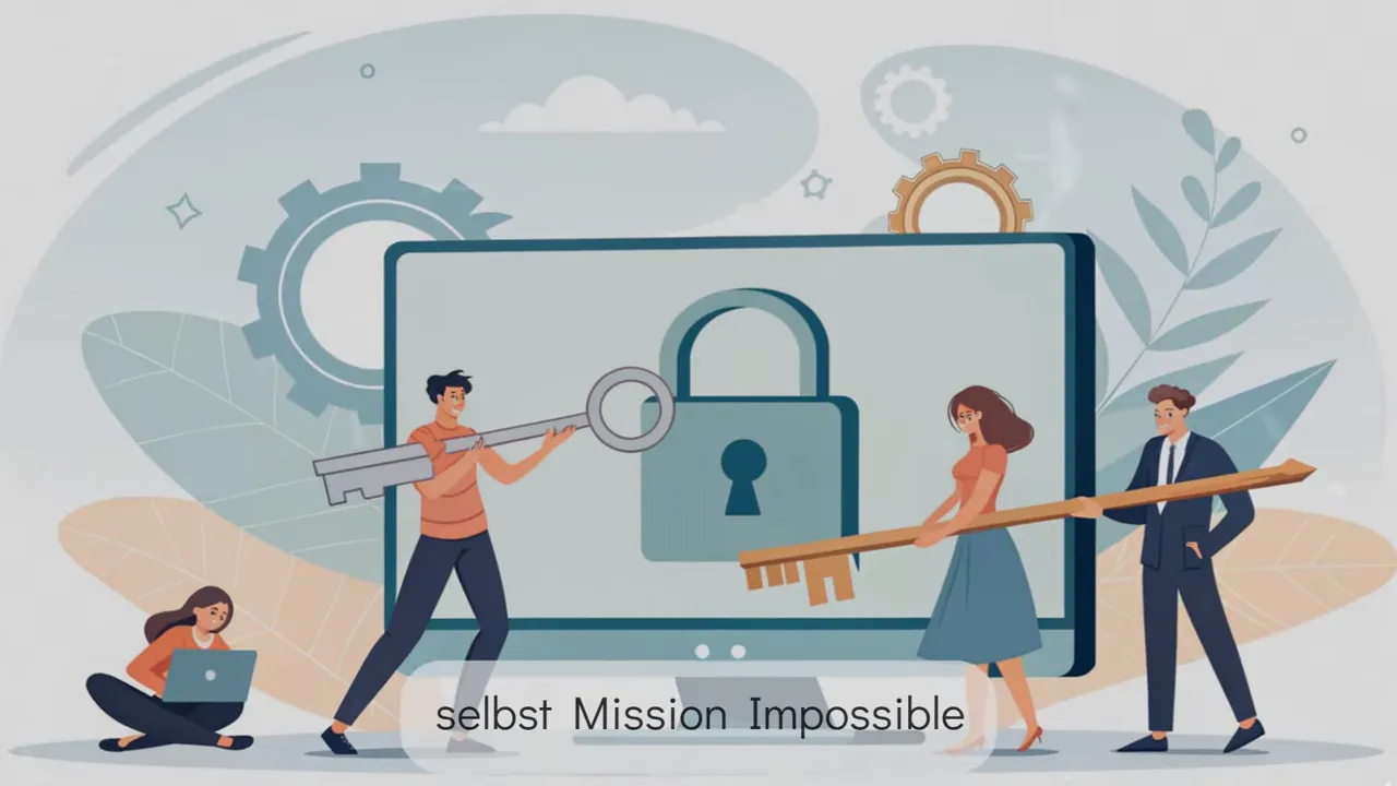 Illustration eines großen Schlosses auf einem Bildschirm und Personen, die übergroße Schlüssel halten, Symbol für Schlüsselverwaltung und Sicherheit