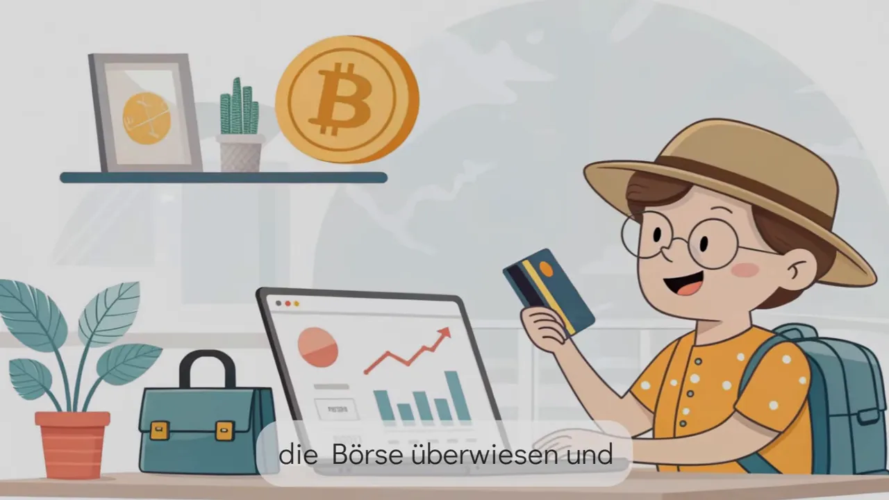 Heller Cartoon eines jungen Krypto-Touristen mit Hut, Kreditkarte, Laptop mit Chart und Bitcoin-Symbol