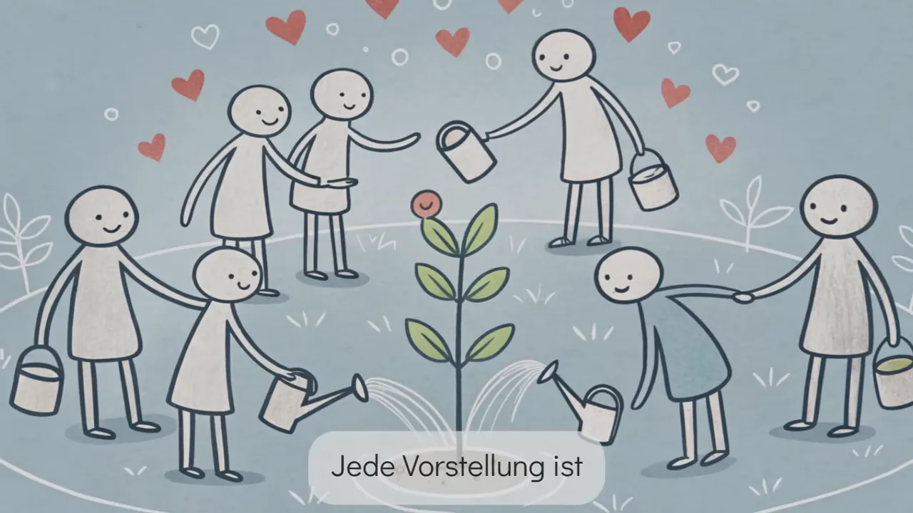 Klare Illustration: Menschen gießen gemeinsam eine Pflanze, Herzsymbole über ihnen, symbolisiert Beziehungspflege