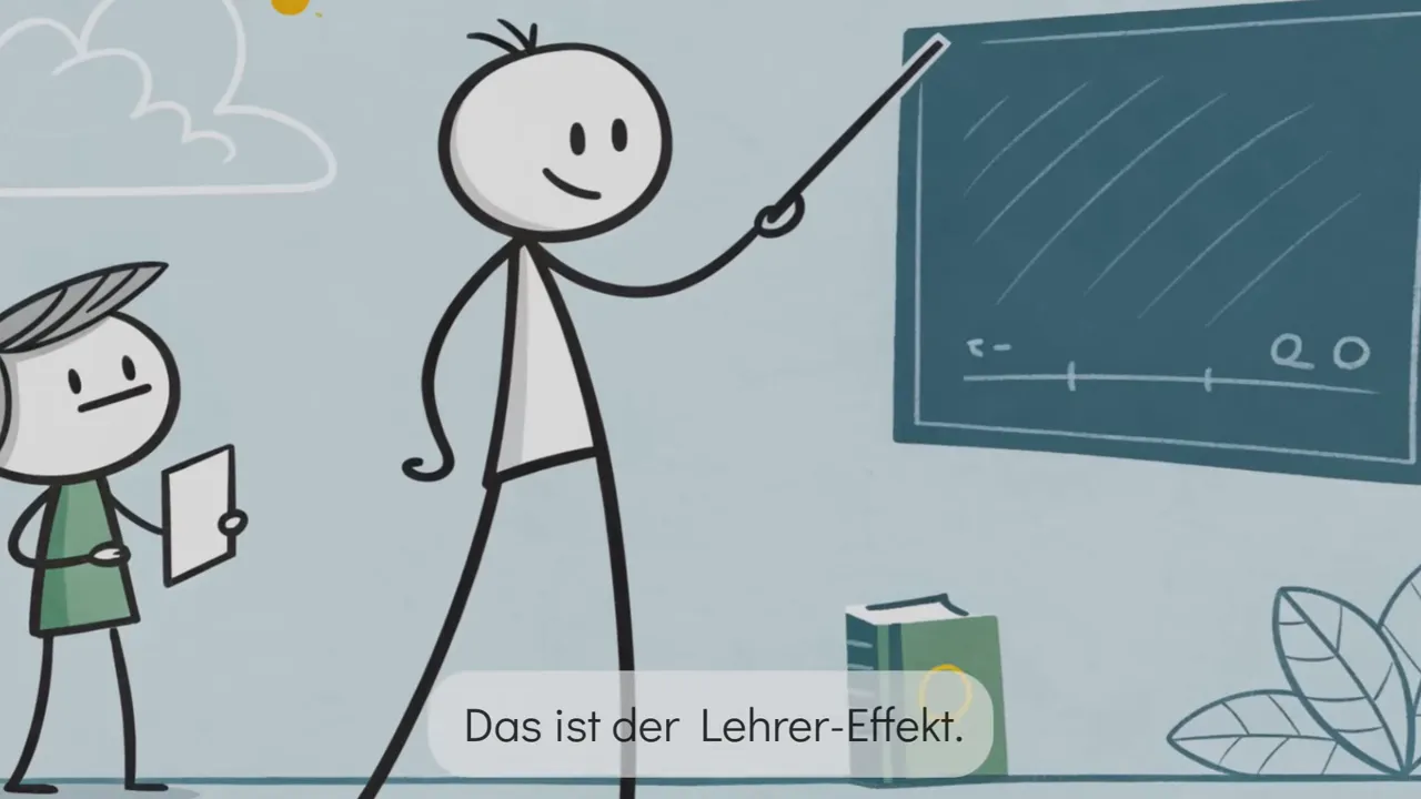 Strichmännchen zeigt mit Stock auf Tafel; Untertitel im Bild: 'Das ist der Lehrer‑Effekt.'