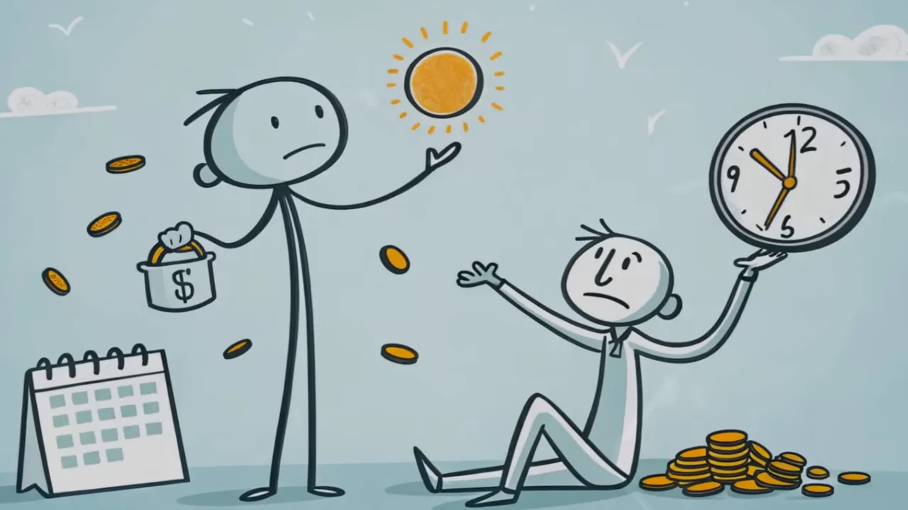 Illustration: Strichmännchen mit Münzen, Eimer mit Dollarzeichen und eine Person, die eine Uhr hält – Symbol für Zeit versus Geld