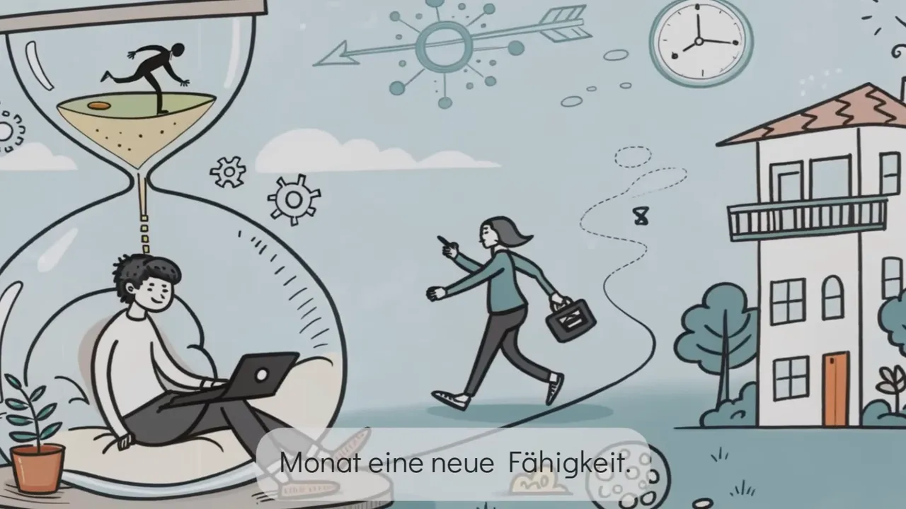 Illustration mit Sanduhr, Person am Laptop im Glaskäfig und einer Person, die spazieren geht