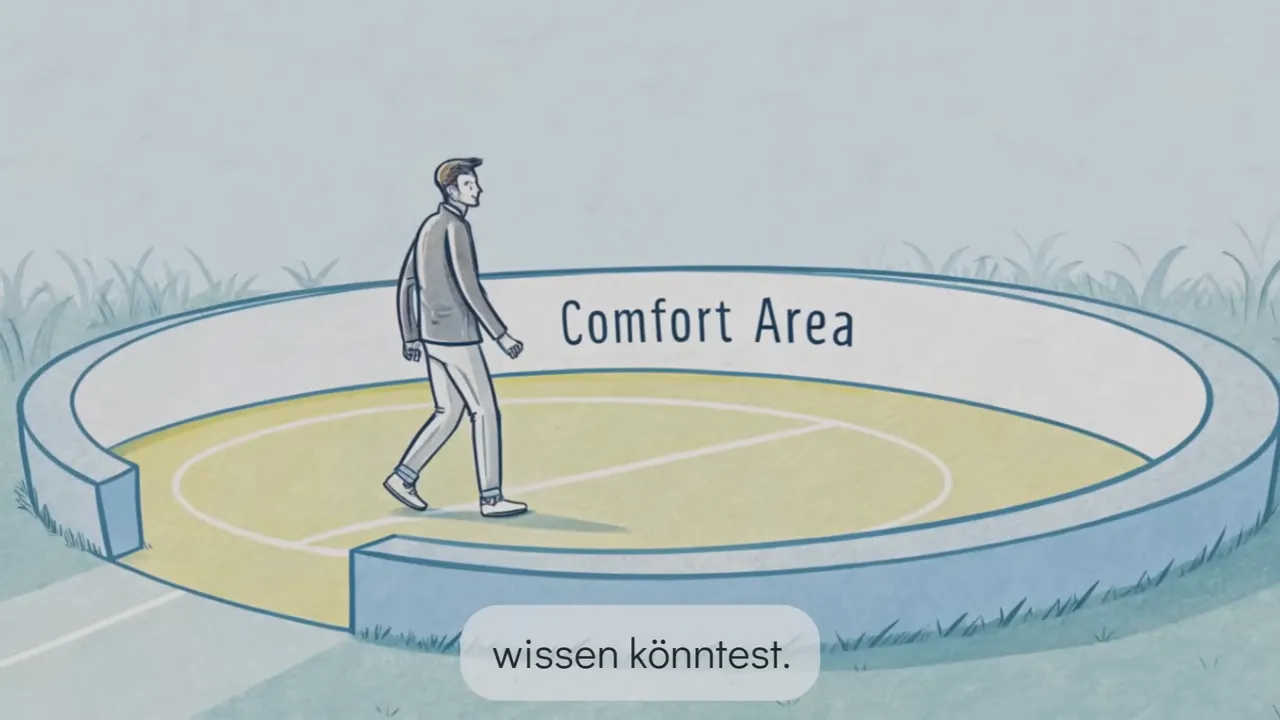Illustration eines Mannes, der in einem kreisförmigen Bereich mit dem Schriftzug 'Comfort Area' geht.