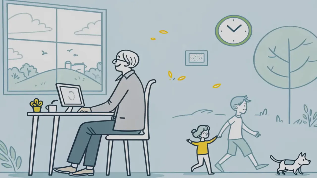 Illustration einer sitzenden Person am Schreibtisch, Kinder laufen draußen; Uhr an der Wand