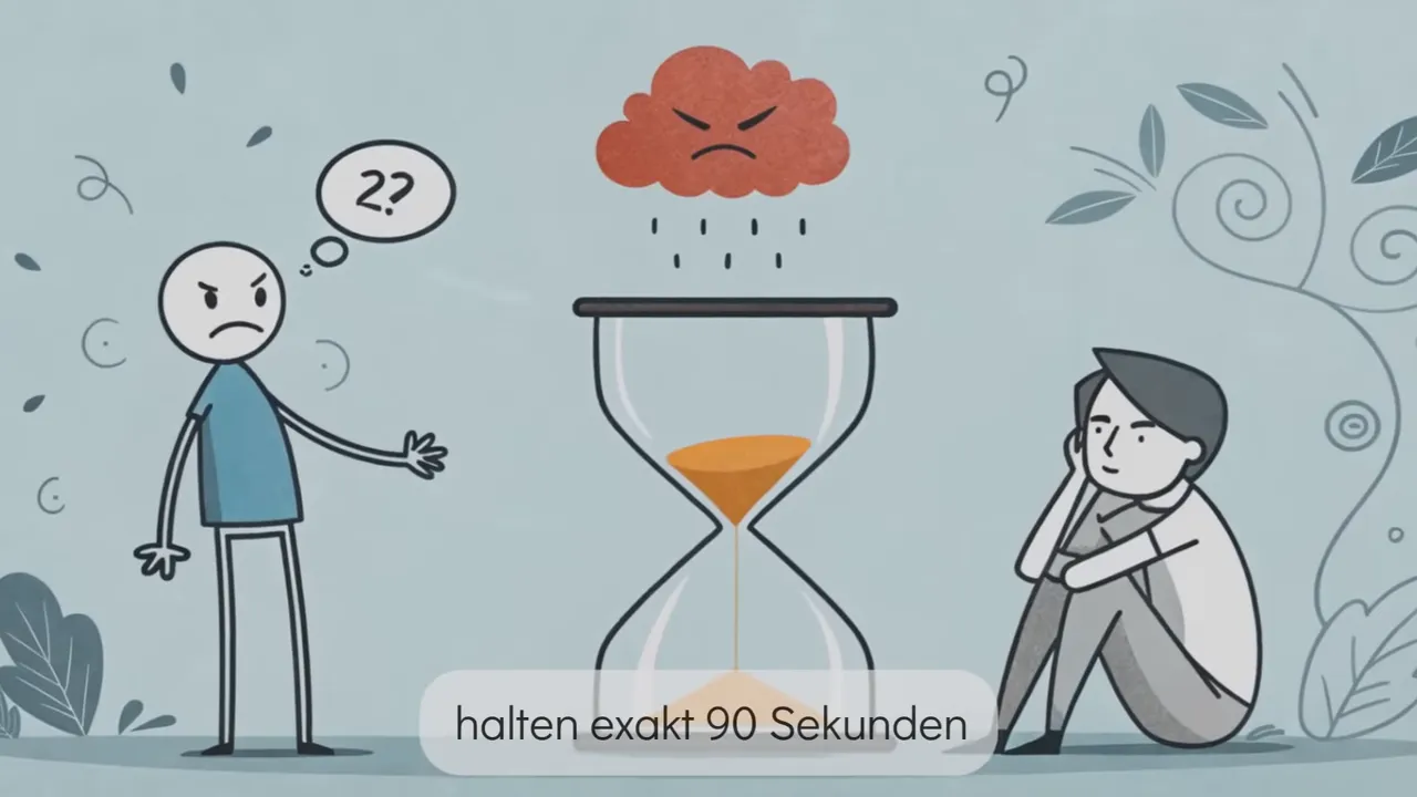 Sanduhr zwischen zwei Figuren, wütende Wolke darüber und deutlich sichtbarer Untertitel ‚halten exakt 90 Sekunden‘