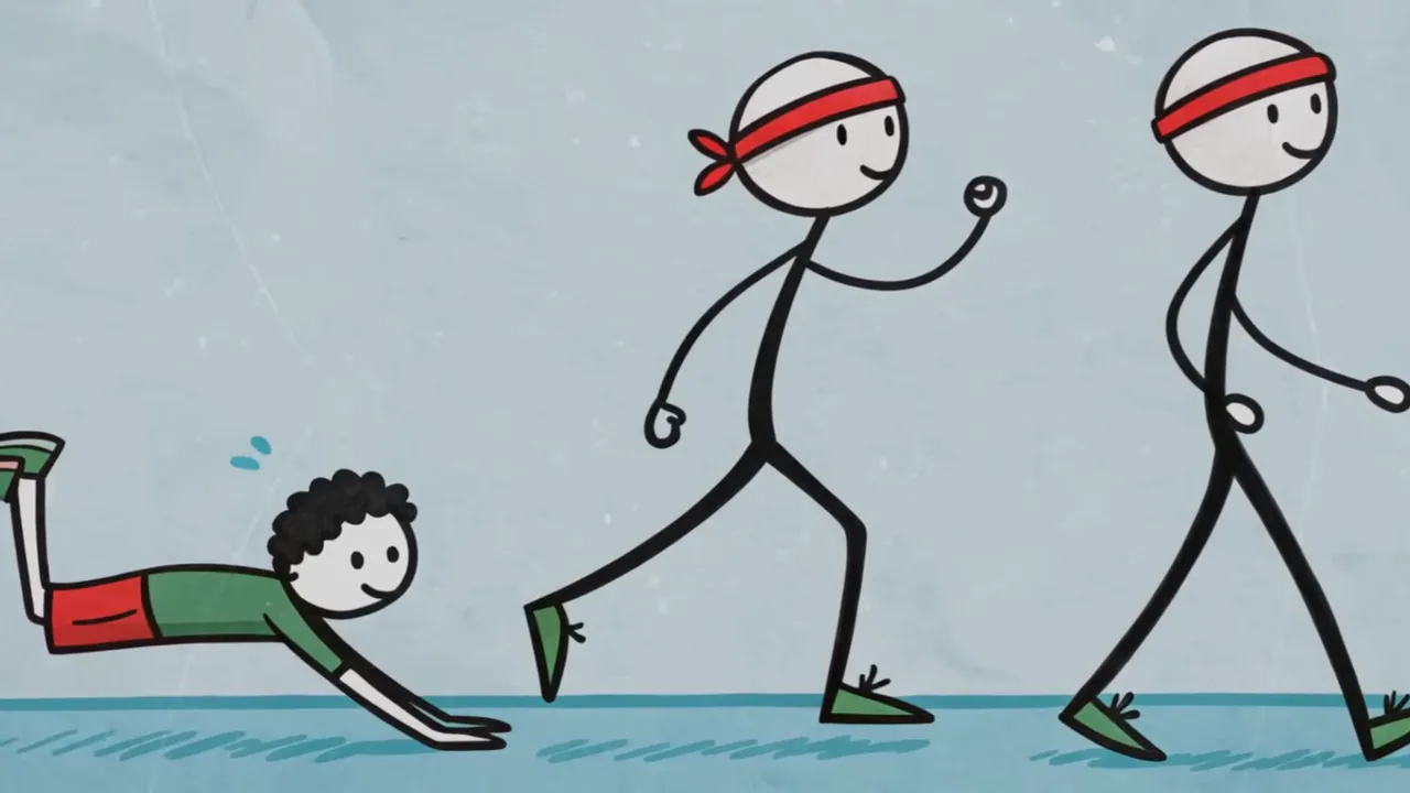 Helle Illustration: Person macht Liegestütze während andere gehen, klare Darstellung