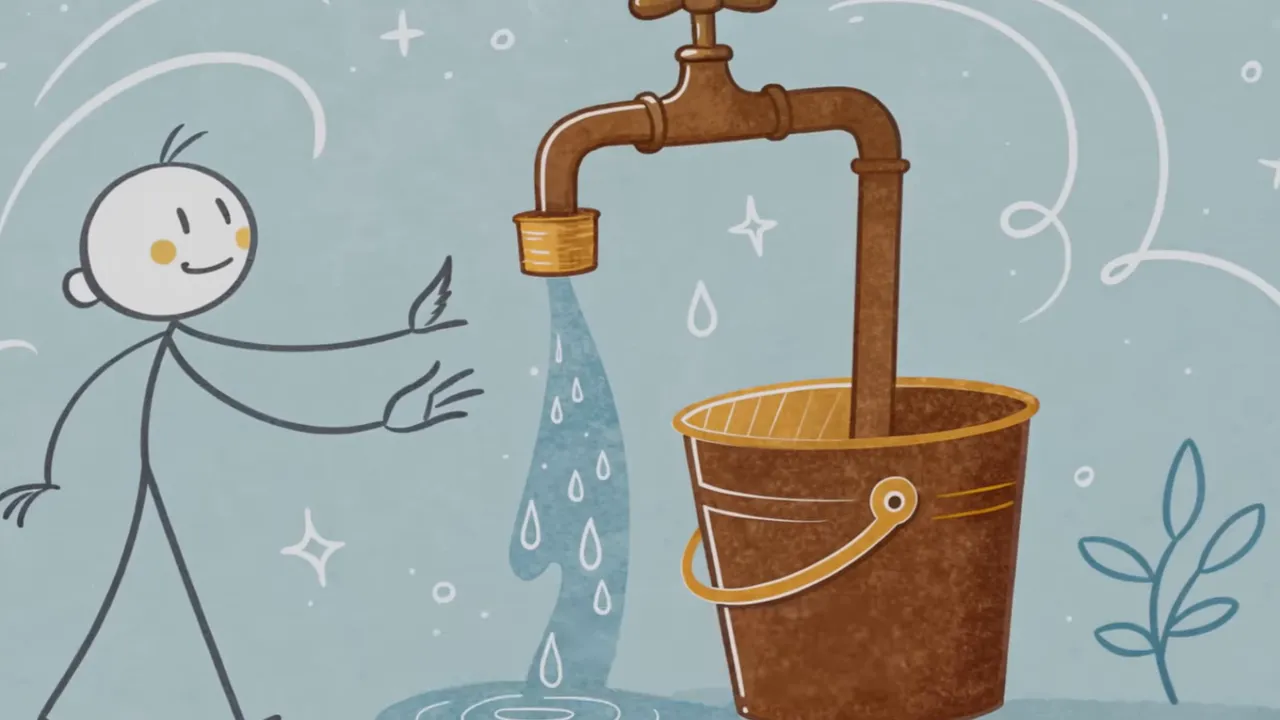 Helle, klare Illustration eines Wasserhahns mit tropfendem Wasser und einem Eimer als Metapher für den kreativen Prozess