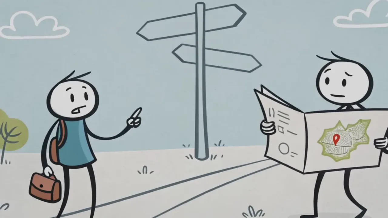 Zwei Figuren vor einem Wegweiser; eine hält eine Karte — Symbol für mentale Modelle als Karte