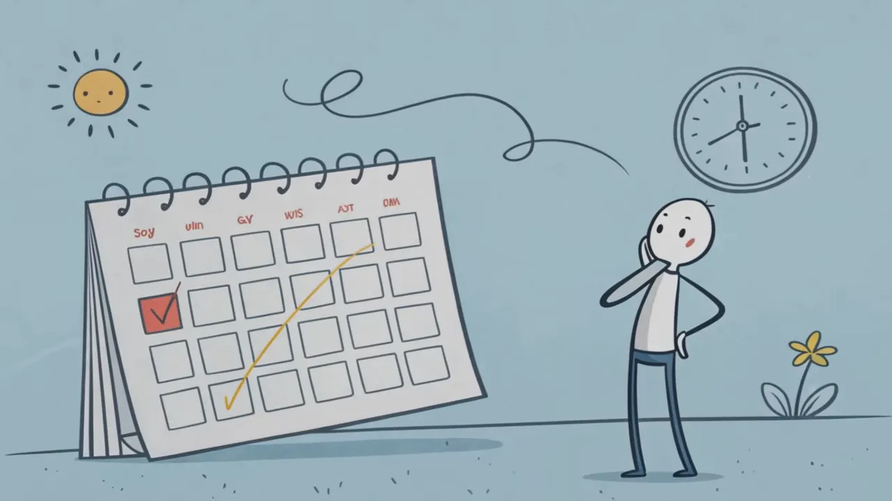 Tischkalender mit markierten Tagen und eine nachdenkliche Figur daneben