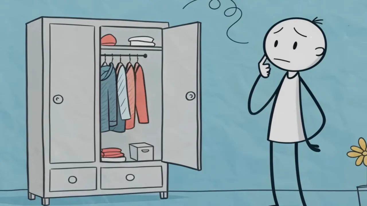 Offener Kleiderschrank und nachdenkliche Person, Symbol für Entscheidungsvereinfachung bei Kleidung