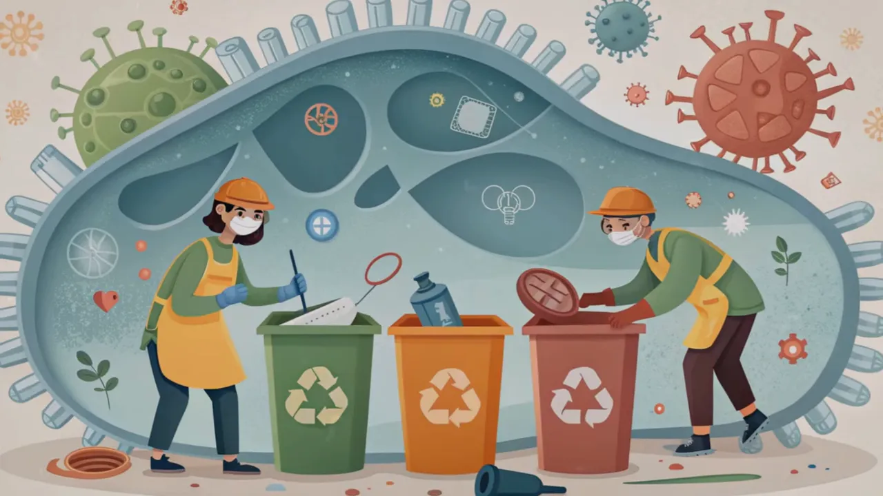 Saubere, scharfe Illustration von zwei Arbeitern, die Abfall in drei Recyclingbehälter sortieren vor einer zellähnlichen Silhouette