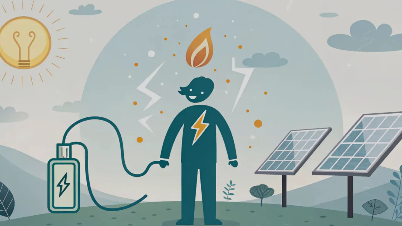 Klare Illustration: Figur mit Blitzsymbol, Batterie und Solarpanelen als Symbol für Ketone und alternative Energie