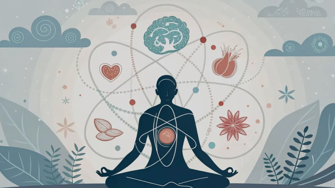 Illustration einer sitzenden Figur mit vernetzten Organ-Symbolen (Gehirn, Herz, Leber) als Symbol für Harmonie