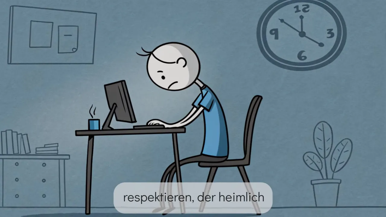 Gezeichnete, gebückte Person am Schreibtisch vor dem Computer; Uhr an der Wand zeigt vergehende Zeit.
