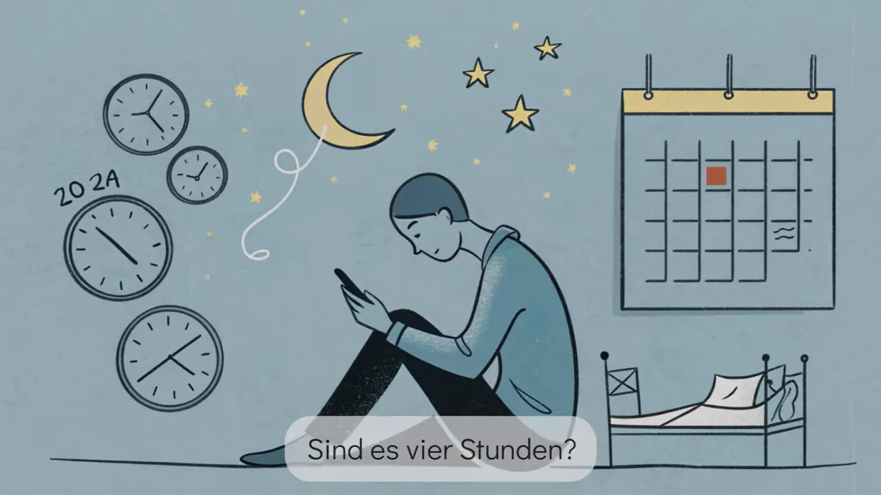 Sitzende Person liest auf dem Handy, links mehrere Uhren, rechts Kalender und Bett – Frage: Sind es vier Stunden?
