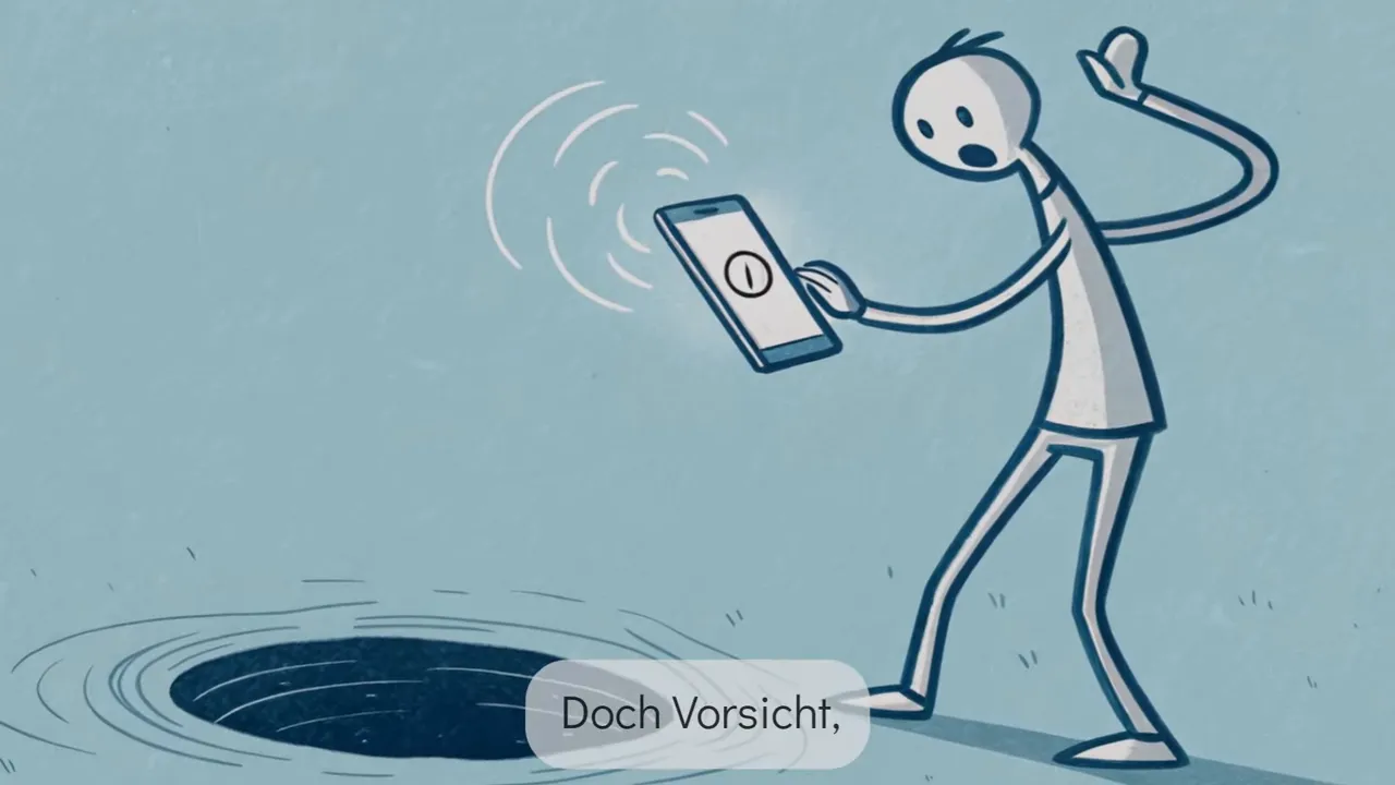 Strichmännchen erschrocken vor vibrierendem Handy über einem dunklen Abgrund