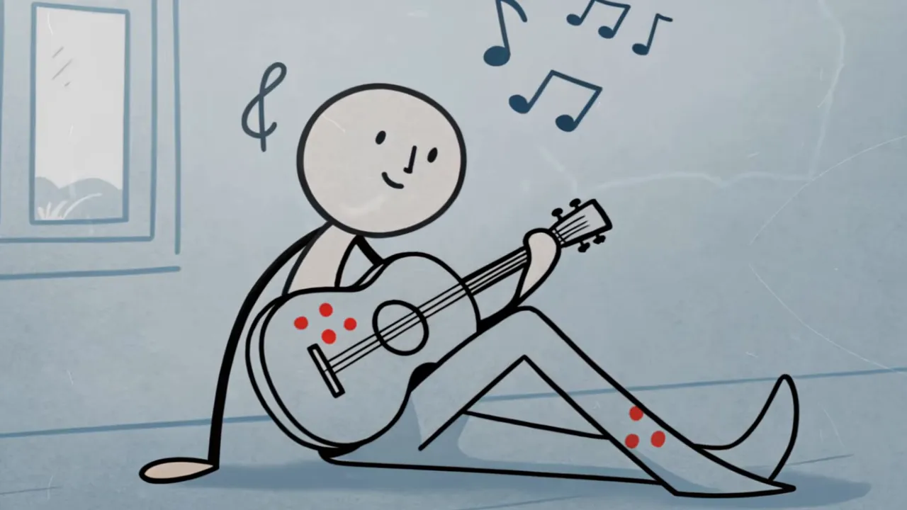 Strichmännchen spielt Gitarre mit Musiknoten – Musizieren als Alternative zum Konsum