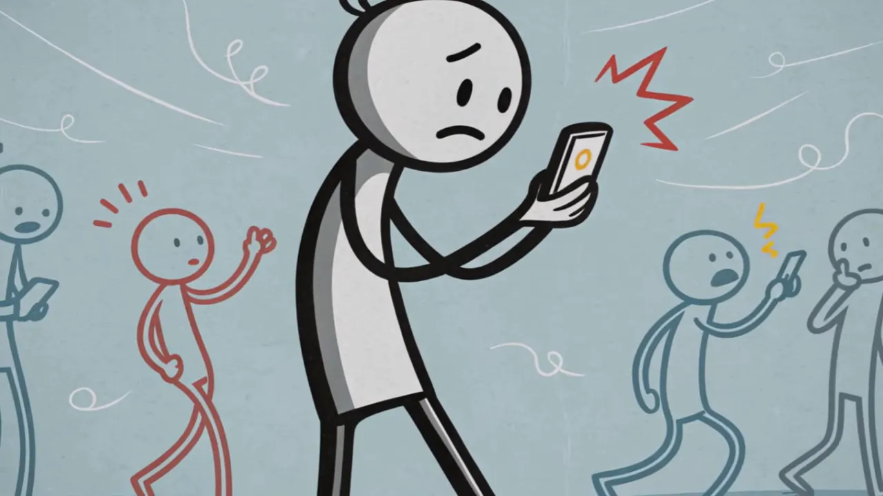Nahaufnahme einer gezeichneten Person, die gebückt auf ihr Smartphone schaut, umgeben von weiteren abgelenkten Figuren.