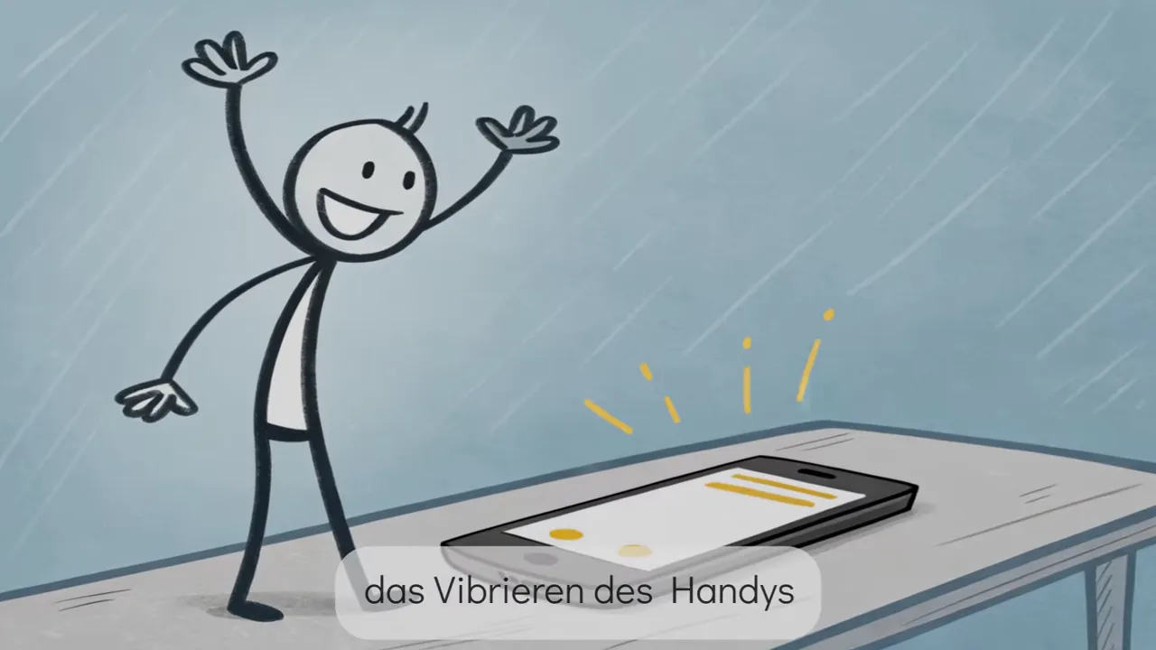 Cartoon: Handy vibriert auf Tisch, Person reagiert erfreut – Symbol für Benachrichtigungs‑Reiz