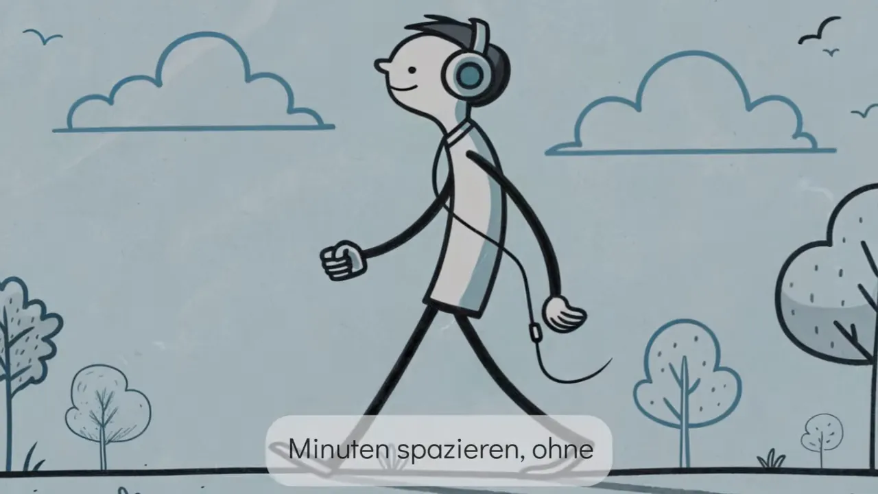 Strichmännchen macht einen Spaziergang vor Bäumen; Untertitel 'Minuten spazieren, ohne' sichtbar.