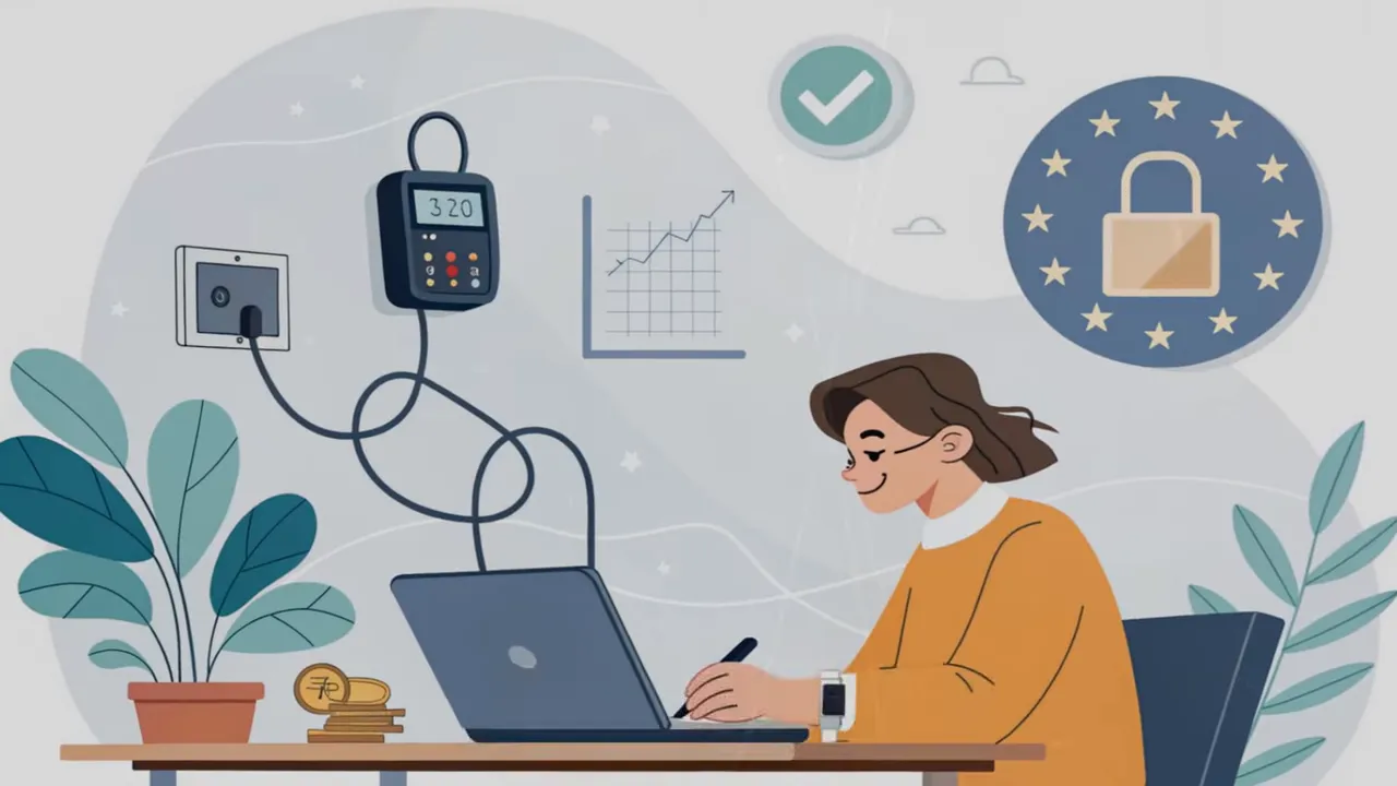 Illustration einer Person am Laptop mit EU-Sternkreis und Vorh&auml;ngeschloss sowie Grafiken, die Reporting und Datensicherheit symbolisieren.