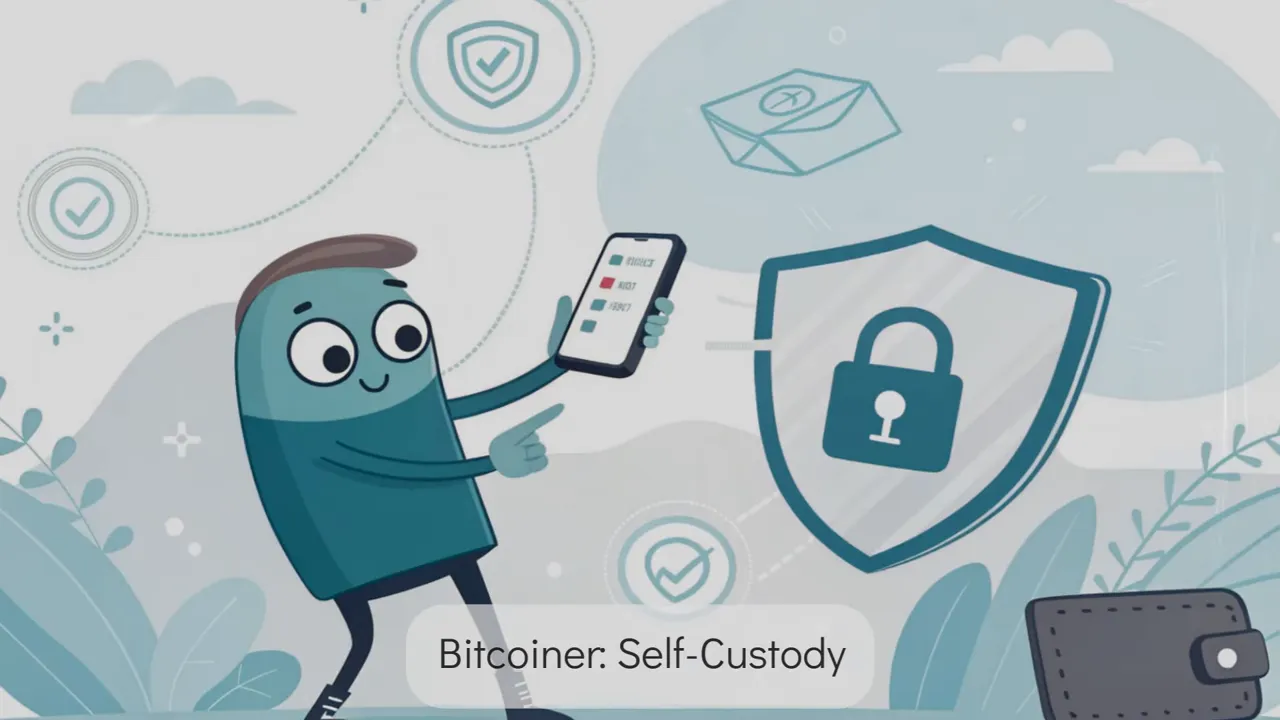 Illustration: Figur h&auml;lt Smartphone vor gro&szlig;em Schild mit Schloss und einer Wallet, Beschriftung 'Bitcoiner: Self‑Custody'.