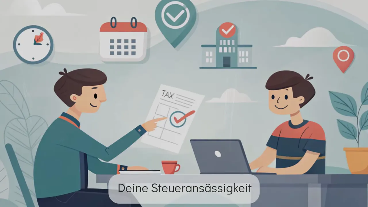 Illustration zweier Personen am Tisch mit Laptop und Steuerdokument, Text: 'Deine Steuerans&auml;ssigkeit'