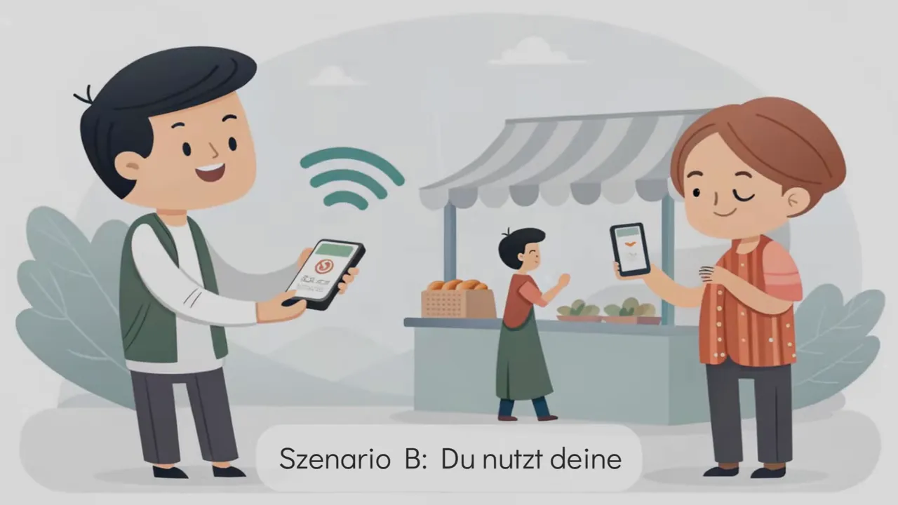 Zwei Personen zahlen per Smartphone an einem Verkaufsstand, WLAN-Symbol &uuml;ber den Ger&auml;ten