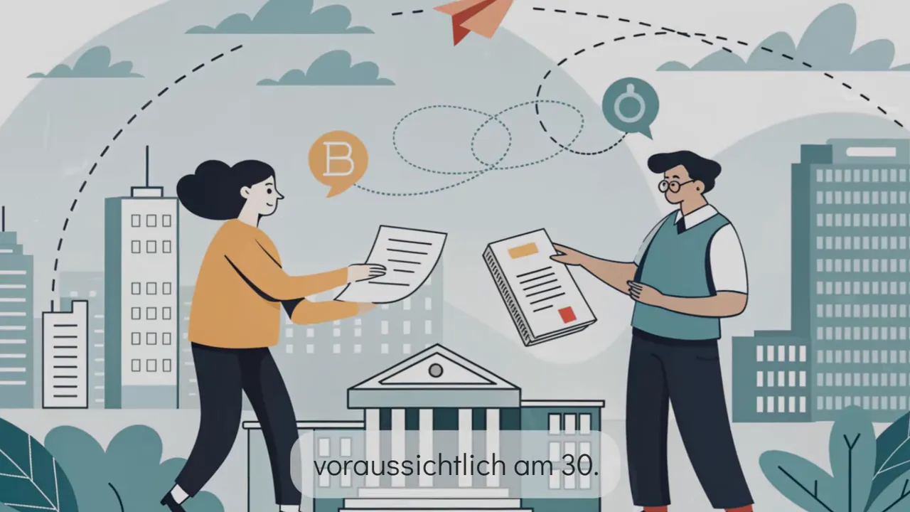 Illustration eines Regierungsgeb&auml;udes mit Personen, fliegenden Dokumenten, Kalender- und Bitcoin-Icons als Symbol f&uuml;r Datenaustausch und Zeitplan