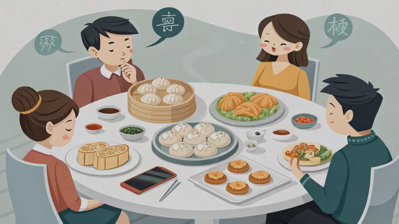 Illustration einer Familie, die an einem runden Tisch verschiedene Gerichte teilt – Gemüse, Teigtaschen und Desserts sichtbar.