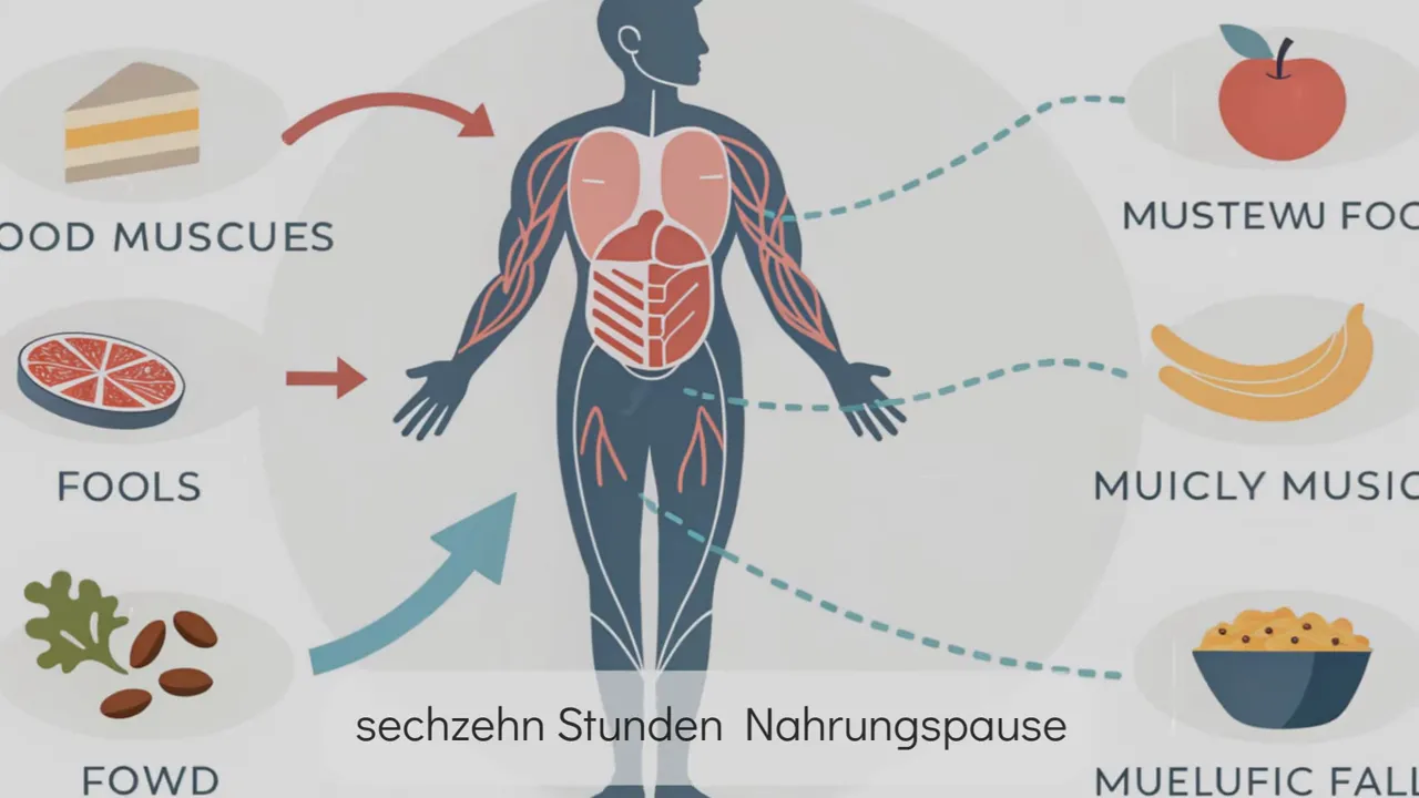 Infografik eines Körpers mit Lebensmittelsymbolen und eingeblendetem Text 'sechzehn Stunden Nahrungspause'.