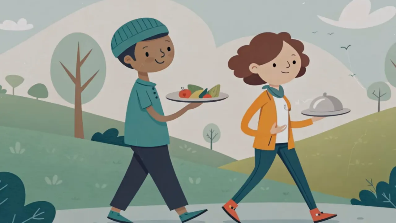 Zwei Figuren laufen mit Tellern in der Hand als Symbol für Bewegung nach dem Essen