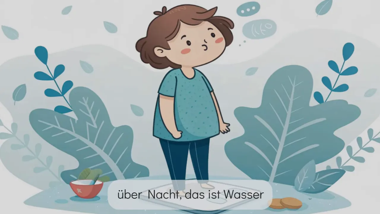 Illustration einer Person, die auf einer Waage steht, passend zum Thema Gewichtsschwankungen am Morgen nach dem Festessen.