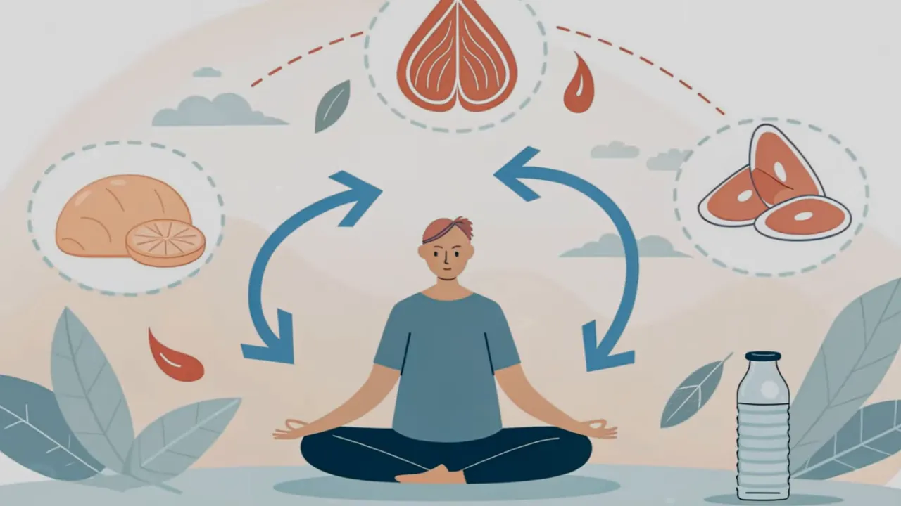 Saubere Illustration: meditierende Person mit blauen Pfeilen zu Brot, Fleisch und Wasserflasche, symbolisiert Energiequellen und Stoffwechselumschaltung.