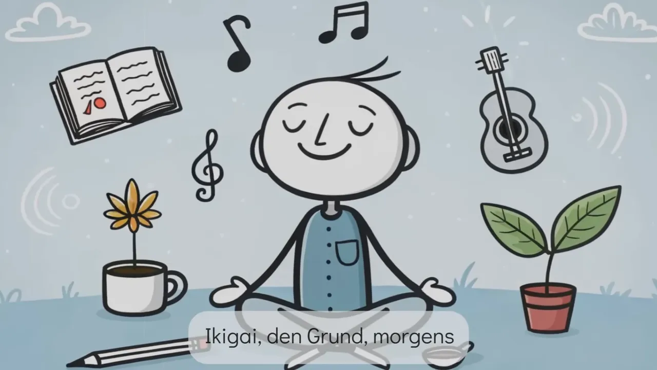 Illustration einer meditierenden Person mit Symbolen für Musik, Lesen und Pflanzen (Ikigai)