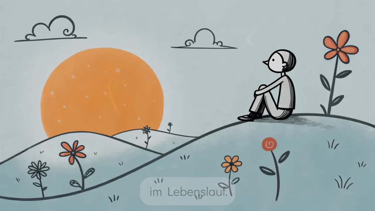 Person sitzt auf einem Hügel und betrachtet einen großen orangenen Sonnenuntergang