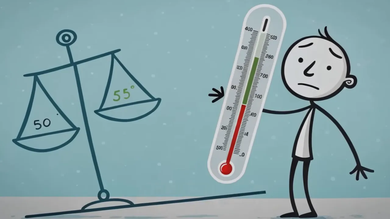 Illustration einer Waage neben einem Thermometer, eine Strichfigur hält das Thermometer